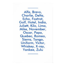 "NATO" phonetic alphabet, Alfa to Zulu