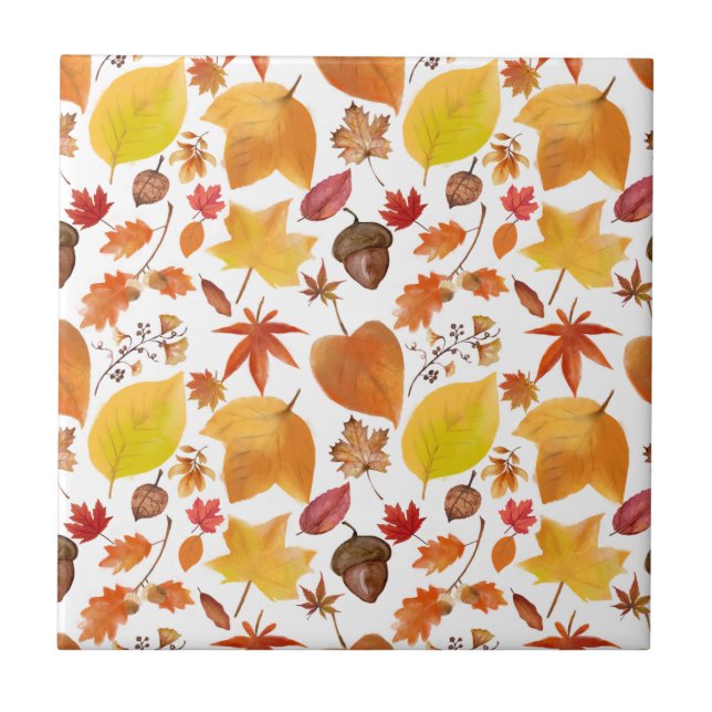 Natural Autumn Earth Tones Leaves and Acorns Ceramic Tile (Front)