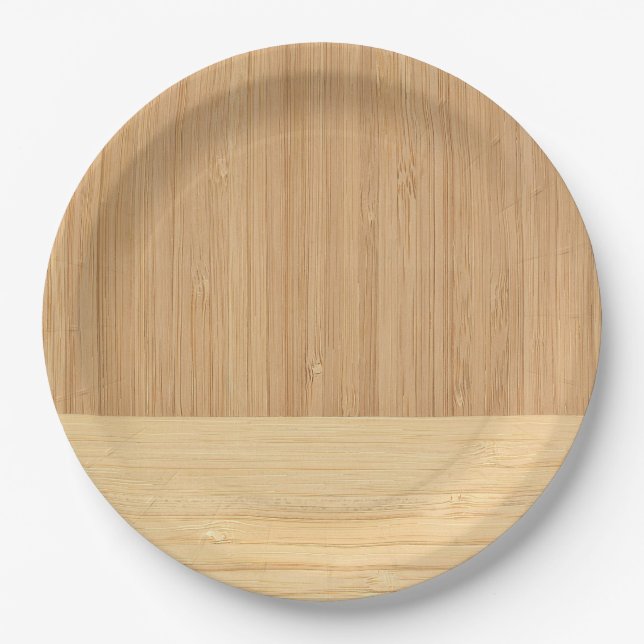 Natural Bamboo Border Wood Grain Look Paper Plates (Front)