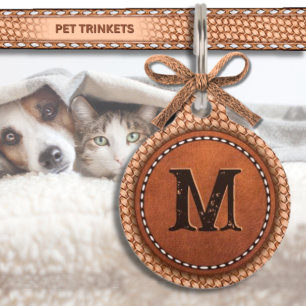 Natural Basketweave and Stitched Leather Monogram Pet ID Tag