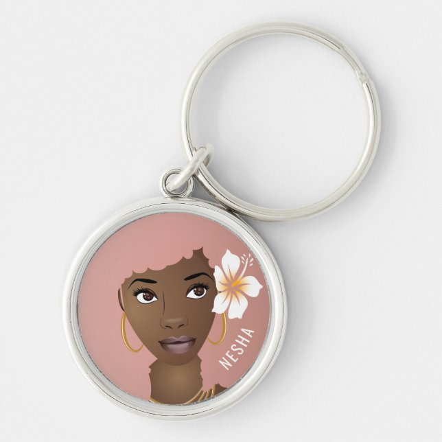Natural Beauty, Pink Afro, Flower in Hair Keychain (Front)