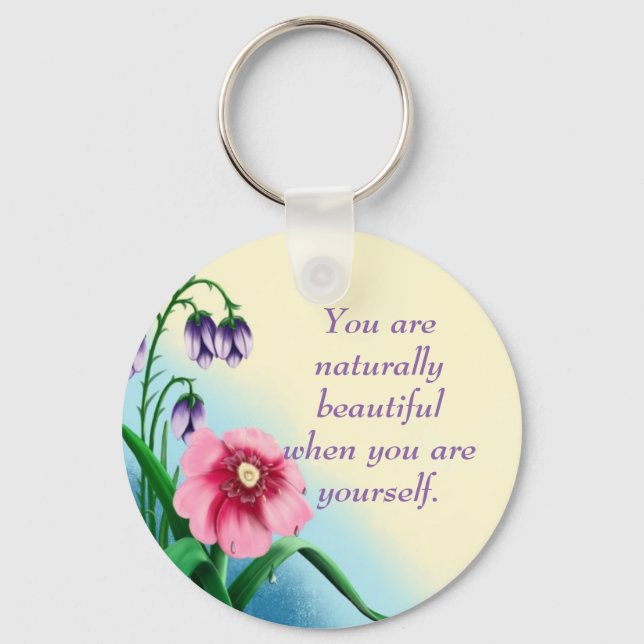 Natural Beauty Quote Pink Purple Flowers Keychain (Front)