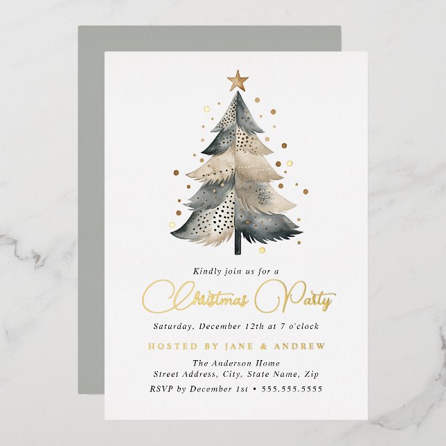 Natural Beige Blue Gold Christmas Tree  Foil Invitation (Front/Back)