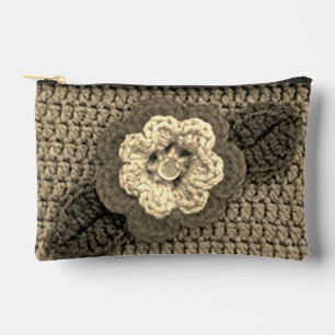 Natural Beige Ecru Flower Artisan Crochet Print Accessory Pouch