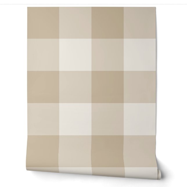 Natural Beige Jumbo Checkered Gingham Wallpaper (Unrolling)