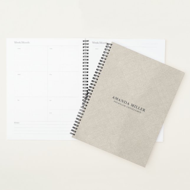 Natural Beige Linen Texture With Gray Typography Planner (Display)