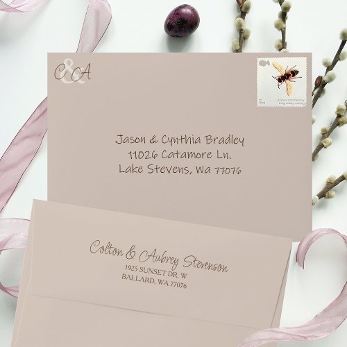 Natural Beige Pre_addressed 5x7 Monogram Wedding Envelope