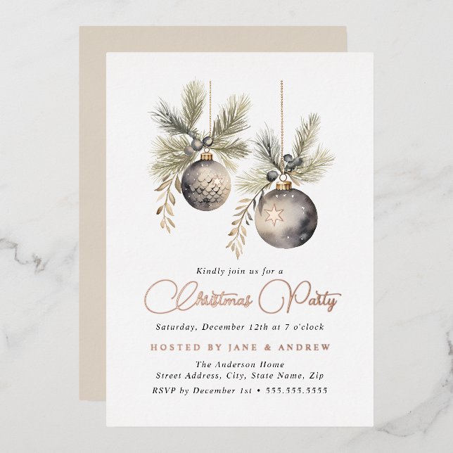 Natural Beige Rose gold Christmas Baubles Foil Invitation (Front/Back)