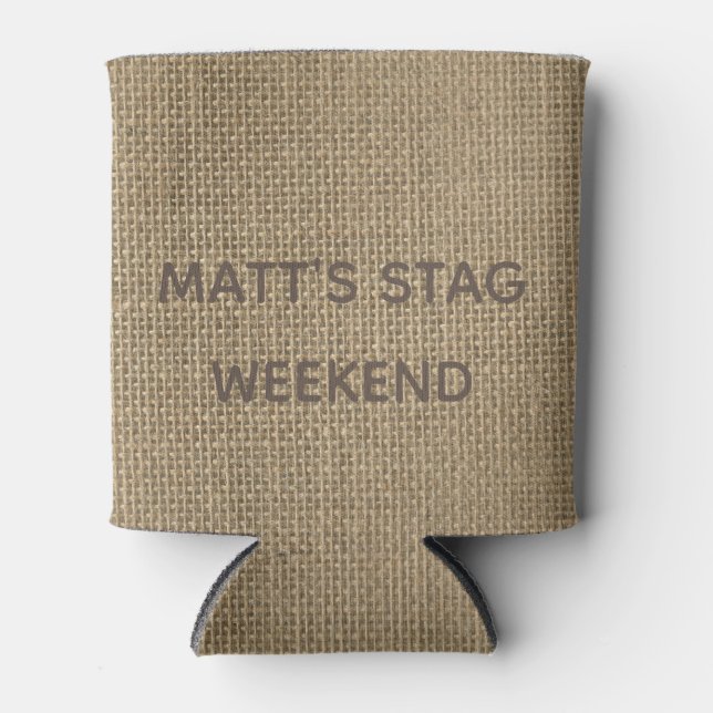Natural Beige Tan Jute Burlap-Groom Party Wedding Can Cooler (Front)