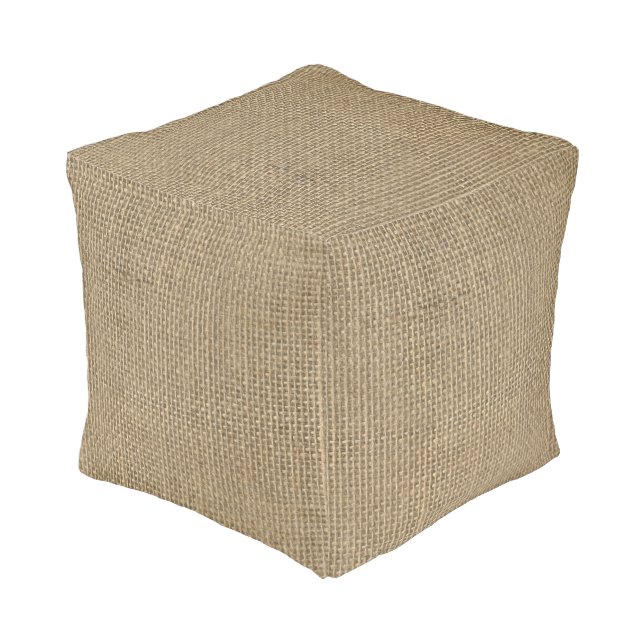 Natural Beige Tan Jute Burlap-Rustic Cabin Wedding Pouf (Angled Back)