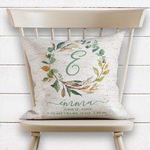 Natural Birch Greenery Wreath Baby Birth Stats Throw Pillow