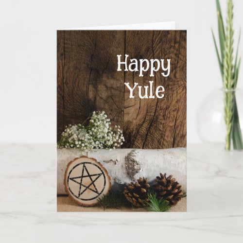 Natural Birch Tree Log and Pine Cones Happy Yule Holiday Card
