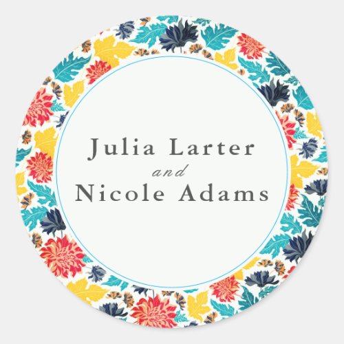 Natural Blue Yellow Watercolor Sunflowers Wedding Classic Round Sticker