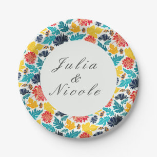 Natural Blue Yellow Watercolor Sunflowers Wedding Paper Plates