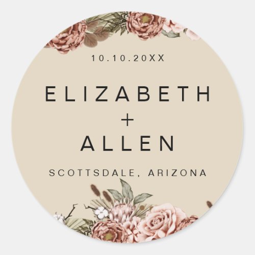 Natural Boho Floral Personalized Bride and Groom Classic Round Sticker