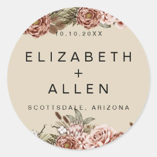 Natural Boho Floral Personalized Bride and Groom Classic Round Sticker