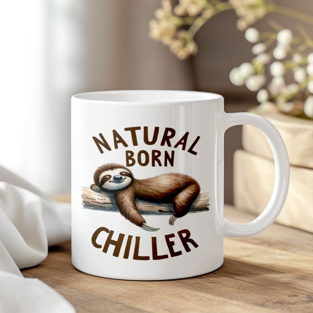 "Natural Born Chiller" Cute Funny Sleeping Sloth Coffee Mug ("Natural Born Chiller" Cute Funny Sleeping Sloth Coffee Mug on a boho wooden table.)
