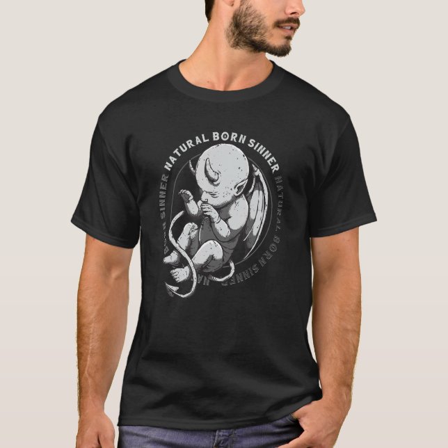 Natural Born Sinner Devil Baby Grunge Goth Emo Pun T-Shirt (Front)