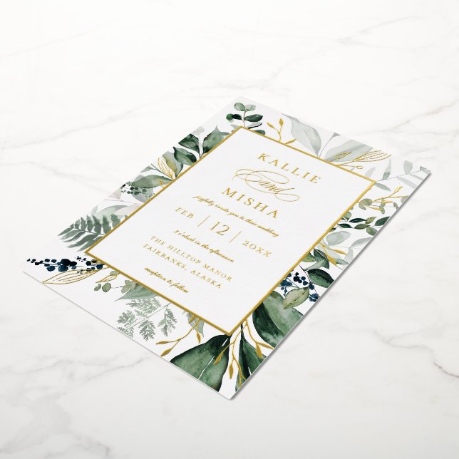 Natural Botanic Foliage Frame Emerald Wedding Foil Invitation (Rotated)