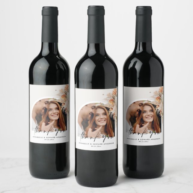 Natural botanical arch photo modern pampas wine label (Bottles)