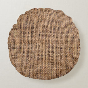Natural Brown Burlap Canvas Coarse Grunge Backgrou Round Pillow