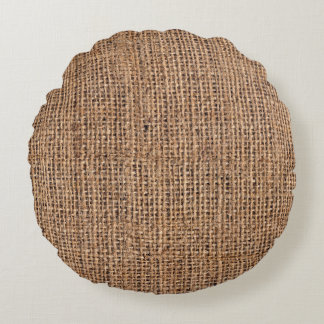 Natural Brown Burlap Canvas Coarse Grunge Backgrou Round Pillow