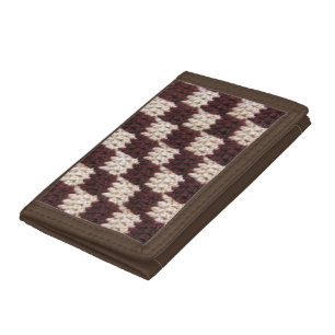 Natural Brown Checkered Artisan Crochet Print Trifold Wallet