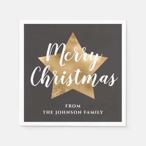 Natural Brown Gold Star Merry Christmas Napkins