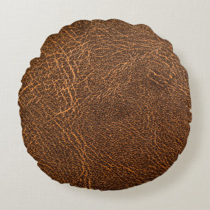 Natural Brown Leather: Textured Background Round Pillow