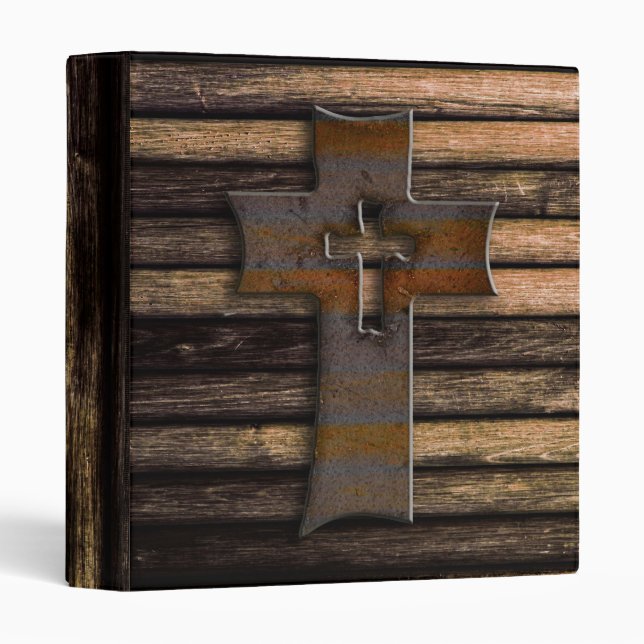 Natural Brown Wooden Cross 3 Ring Binder (Front/Spine)