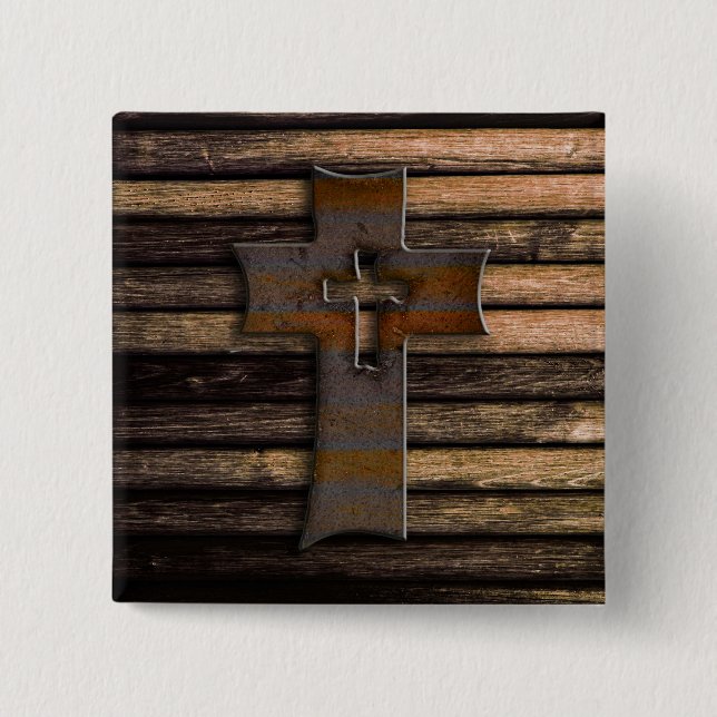 Natural Brown Wooden Cross Pinback Button (Front)