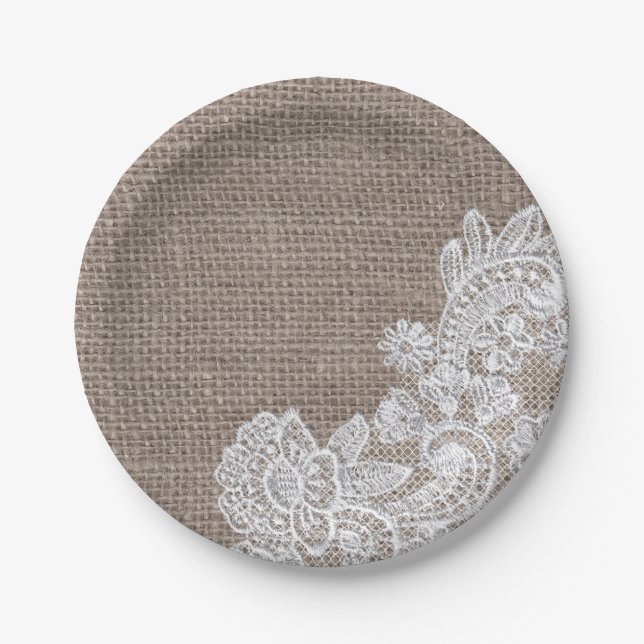 Natural Burlap & Lace Shabby Chic Paper Plates (Front)
