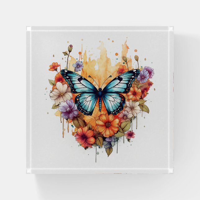 Natural Butterfly Floral Blossom Haven Watercolor Paperweight (Front)