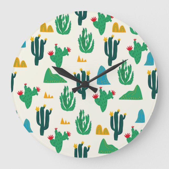 Natural Cactus: Folk Art Seamless. Large Clock (Front)