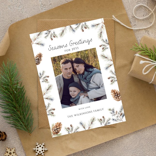Natural christmas folage photo xmas  holiday card (christmas card with family photo fully editable , instant download , natural winter folage )