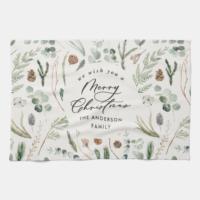 Natural Christmas minimal elegant botanical Kitchen Towel (Horizontal)