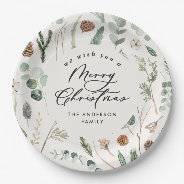 Natural Christmas minimal elegant botanical  Paper Plates (Front)