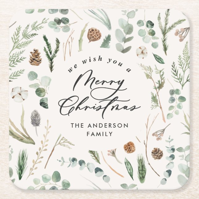 Natural Christmas minimal elegant botanical Square Paper Coaster (Front)