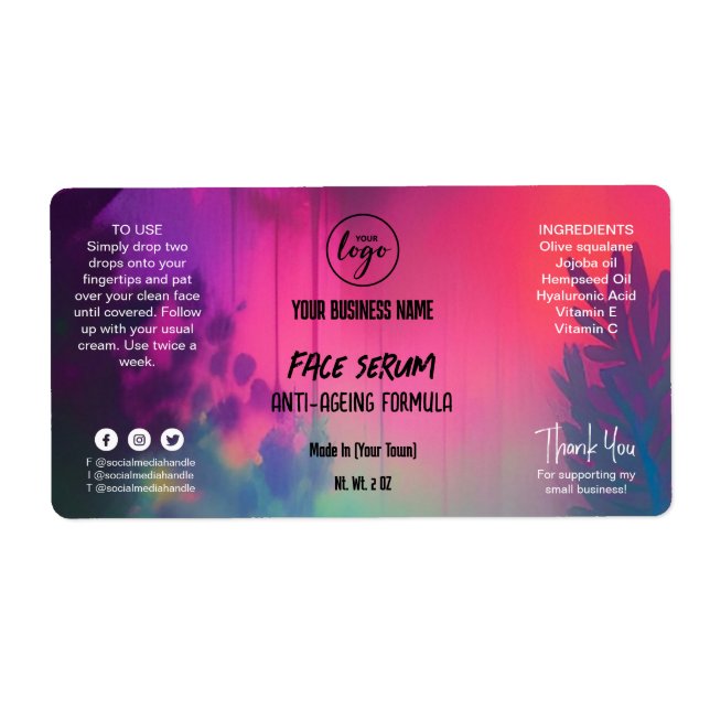 Natural Colorful Face Serum Bottle Dropper Label (Front)