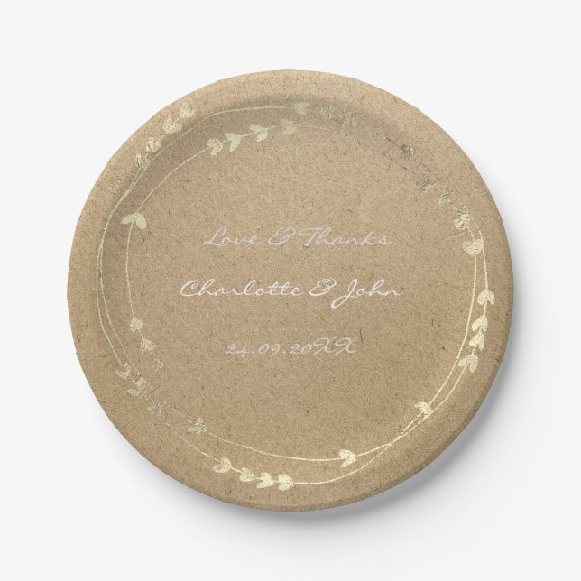 Natural Eco Kraft Foxier Gold Wreath Heart Paper Plates (Front)