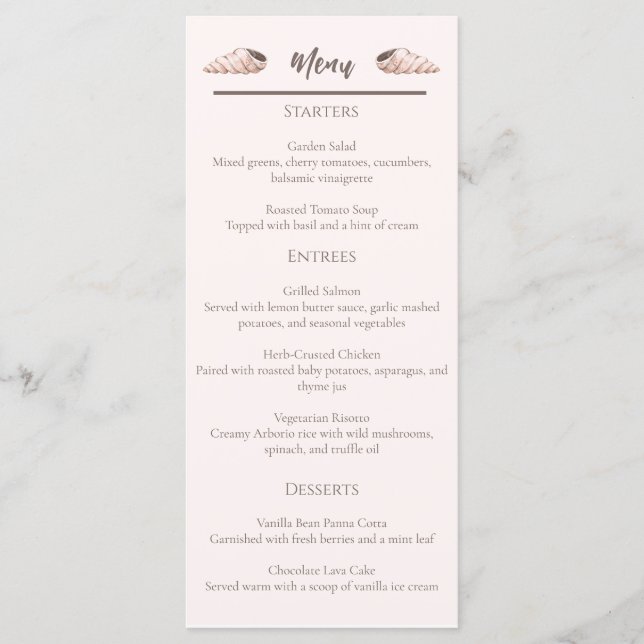 Natural Elegant Beach Seashell Flat Menu Card (Front)