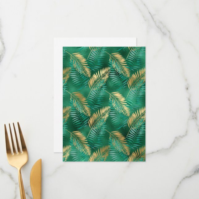 Natural Emerald Green Palm Leaf Bright Golden Menu (Front/Back In Situ)