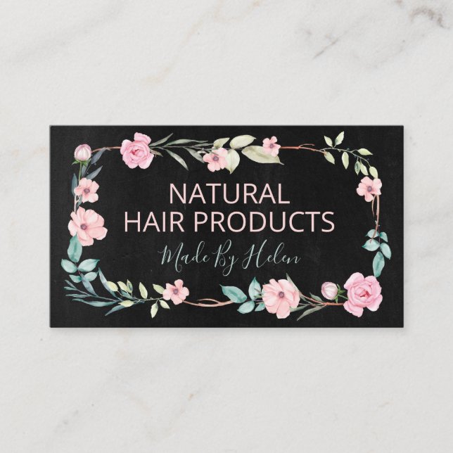 Natural Floral Black Handmade Hair Product Business Card (Front)