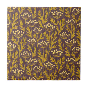 Natural Floral Pattern: Golden Accents Dark Canva Ceramic Tile