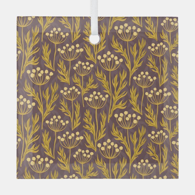 Natural Floral Pattern: Golden Accents  Dark Canva Glass Ornament (Front)