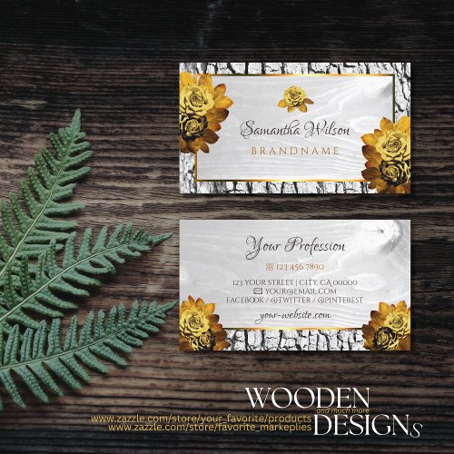 Natural Floral White Wood Grain Tree Bark Roses Business Card