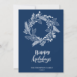 Natural Floral Wreath Poinsettia Pine Bough Blue Holiday Card