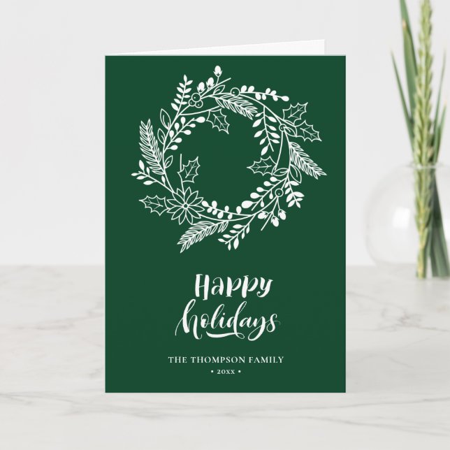 Natural Floral Wreath |Poinsettia Pine Bough Green Holiday Card (Front)