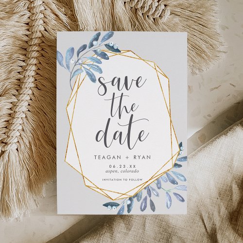 Natural Foliage  Blue Watercolor Botanical Save The Date