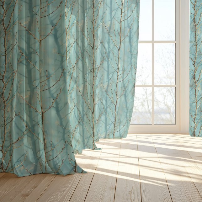 Natural Forest Branch Teal Tree Design Sheer Curtains (Creator Uploaded)